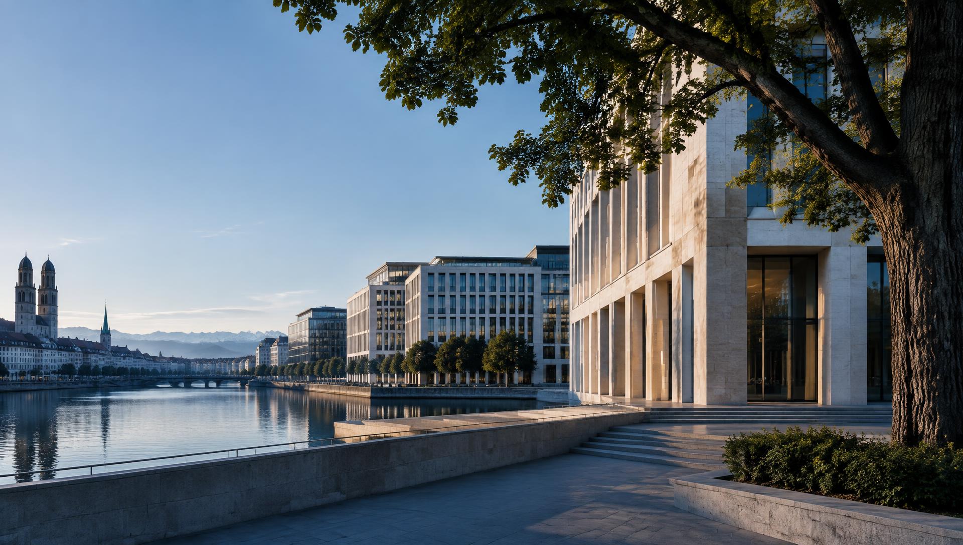 Zurich waterfront financial district framed by a mature oak tree